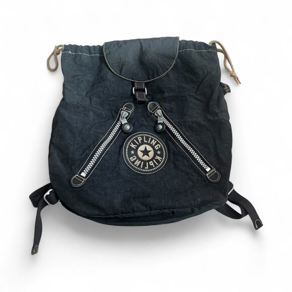vtg y2k  Kipling rocksack nylon drawstring backpack off black crinckle - Picture 1 of 6